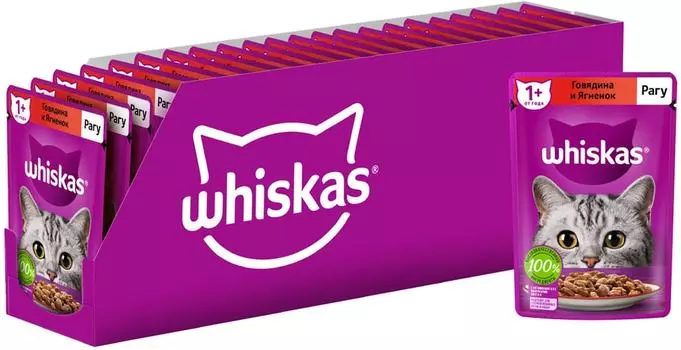 Влажный корм для кошек Whiskas полнорационный рагу с говядиной и ягненком 75г (упаковка 28 шт.)