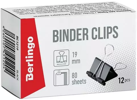 Зажимы для бумаг Berlingo черные 19мм 12шт