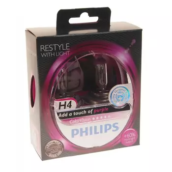 Автолампа philips h4 60,55 p43t-38+60% color vision purple 3350k 2 шт. 12v, 1,5 12342cvpps2