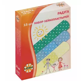 Набор пластырей leiko 15шт радуга на полимерной перфорированной основе 3 цвета в картонной упаковке 630254