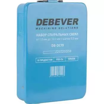 Набор сверл спиральных по металлу Debever Machining Solutions 1-10мм, HSS-Co, DIN 338, 19 предметов DB-DC19