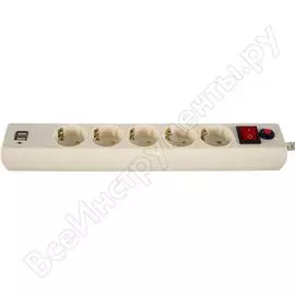 Сетевой фильтр 1.8м, 5 евророзеток и 2 usb, 2a, белый гарнизон ehw-6-usb