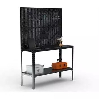 Стол-верстак ООО Металекс KIT 950х1000х400 мм, две полки + двойная перфопанель с комплектом аксессуаров, черный 205612