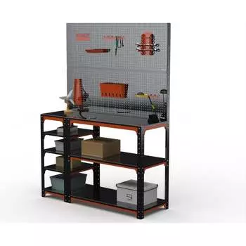 Стол-верстак ООО Металекс KIT 950х1100х600 (с бок. полками, двумя перфопанелями и комп. аксессуаров) (оранжево-чёрный) 204593
