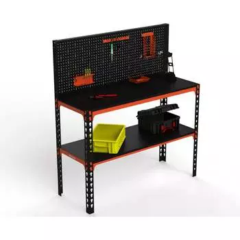 Стол-верстак ООО Металекс с перфопанелью и комплектом аксессуаров 950x1600x600 мм, одна полка, оранжево-чёрный 111079