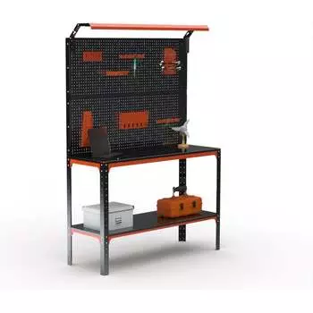 Стол-верстак ООО Металекс серия KIT 950х1000х500 мм, одна полка + двойная перфопанель с комплектом освещения, оранжево-чёрный 204886