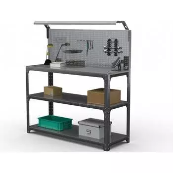 Стол-верстак ООО Металекс серия KIT 950х1300х400 (2-е полки, + перфопанель с комплектом освещения) (серый) 205318