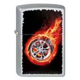 Зажигалка zippo tire on fire, с покрытием satin chrome 205 tire on fire