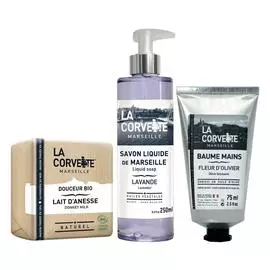 Набор из крема для рук, жидкого мыла и биомыла «Лаванда и Молоко Ослицы»