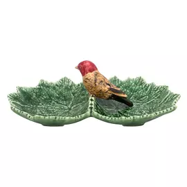 Менажница Bordallo Pinheiro "Листья" 22см (с красной птичкой),2 секции,керамика