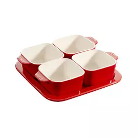 Набор для подачи закусок Staub 5пр: поднос квадратный 19см и 4 ёмкости 0,5л, керамика, вишнёвый