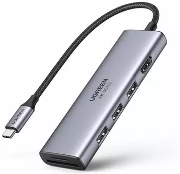 Адаптер UGREEN 60383 3*USB 3.0 A+HDMI+SD/TF+PD, серый космос