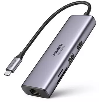 Адаптер UGREEN 60515 USB-C/2*USB 3.0, HDMI, RJ-45, SD/TF, USB-C PD 100W, серый космос