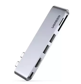Адаптер UGREEN 80856 2*USB-C/3*USB 3.0, HDMI, SD/TF, ThunderBolt 3, серый