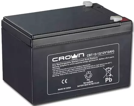 Аккумулятор Crown CBT-12-12 CM000003024 свинцово-кислотный, 12В, 12А/Ч, ABS-пластик, F2 (Т2), срок службы 6 лет