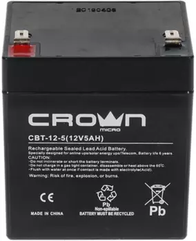 Аккумулятор Crown СВТ-12-5 CM000001652 свинцово-кислотный, 12В, 5 А/Ч, ABS-пластик, F2 (Т2), срок службы 6 лет