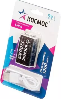 Аккумулятор Космос KOCLi9V1200mAh1BL литий-ионный, 9В Крона, 1200 мВтч, провод в комплекте