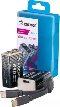 Аккумулятор Космос KOCLi9V650mAh2B литий-ионный, 9В Крона, 650 мВтч, провод в комплекте
