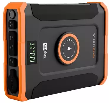 Аккумулятор внешний портативный TopOn TOP-X60 60000mAh DC 90W, 2 Type-C PD 60W и 30W, USB QC3.0 18W, Qi 15W, авторозетка 120W, фонарь, защита от брызг
