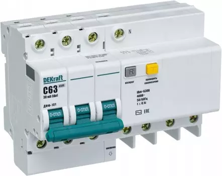 Автомат дифференциальный DEKraft 15190DEK 3P+N 63А 30мА тип AC х-ка C ДИФ-101 4,5кА