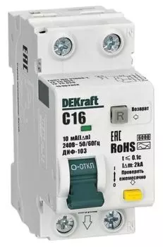 Автомат дифференциальный DEKraft 16302DEK 1P+N 16А 10мА AC х-ка C ДИФ-103 6кА