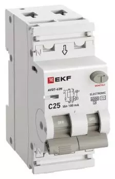 Автомат дифференциальный EKF D63N26E25C100 АВДТ-63N 1P+N 25А (C) 100мА (AC) эл 6кА PROXIMA