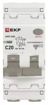 Автомат дифференциальный EKF D63N26M20C30 АВДТ-63N 1P+N 20А (C) 30мА (AC) эл-мех 6кА PROXIMA