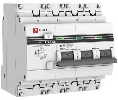Автомат дифференциальный EKF DA32-25-100S-4P-pro АД-32 3P+N (S) 25А (С) 100мА тип (АС) эл. 4,5кА PROxima