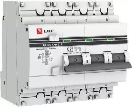 Автомат дифференциальный EKF DA32-25-300S-4P-pro АД-32 3P+N (S) 25А (С) 300мА тип (АС) эл. 4,5кА PROxima