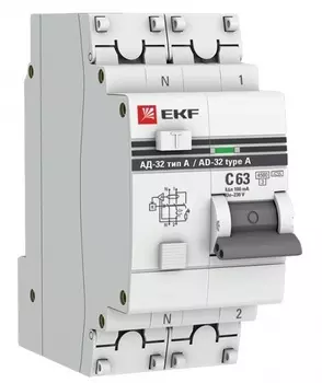 Автомат дифференциальный EKF DA32-63-100-a-pro АД-32 1P+N 63А (С) 100мА тип (А) эл. 4,5кА PROxima