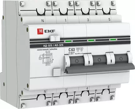 Автомат дифференциальный EKF DA32-63-300S-4P-pro АД-32 3P+N (S) 63А (С) 300мА тип (АС) эл. 4,5кА PROxima