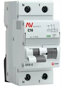 Автомат дифференциальный EKF rcbo6-1pn-16C-10-a-av DVA-6 1P+N 16А (C) 10мА (A) 6кА AVERES
