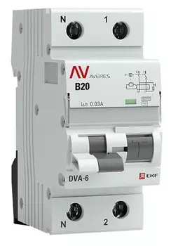 Автомат дифференциальный EKF rcbo6-1pn-20B-30-ac-av DVA-6 1P+N 20А (B) 30мА (AC) 6кА AVERES