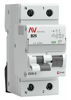 Автомат дифференциальный EKF rcbo6-1pn-25B-30-ac-av DVA-6 1P+N 25А (B) 30мА (AC) 6кА AVERES