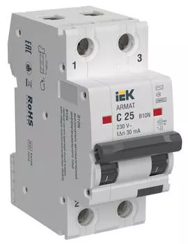 Автомат дифференциальный IEK AR-B10N-2-C025C030 ARMAT B10N 2P C25 30мА тип AC