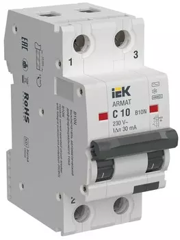 Автомат дифференциальный IEK AR-B10N-2-C010C030 ARMAT B10N 2P C10 30мА тип AC