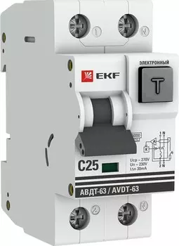 Автомат дифференциальный EKF DA63-25-30e 1п+N 2мод. С 25А 30mA тип А 6кА АВДТ-63 (электрон.) PROxima