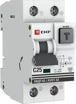 Автомат дифференциальный EKF DA63-25-30 1п+N 2мод. С 25А 30mA тип А 6кА АВДТ-63 (эл-мех.) PROxima