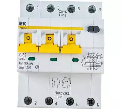 Автоматический выключатель дифф. тока (АВДТ) IEK MAD22-6-032-C-30 4п (3P+N) C 32А 30мА тип A 6кА АВДТ-34