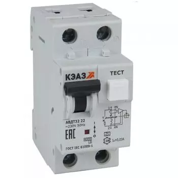 Автоматический выключатель дифф. тока (АВДТ) КЭАЗ 228067 с защитой от сверхтоков АВДТ32-22C25-A-УХЛ4 (2P, C25, 30mA)