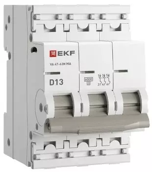 Автоматический выключатель EKF M63MA6313D ВА 47-63N MA 3P 13А (D) 6кА без тепл. расцепит. PROXIMA