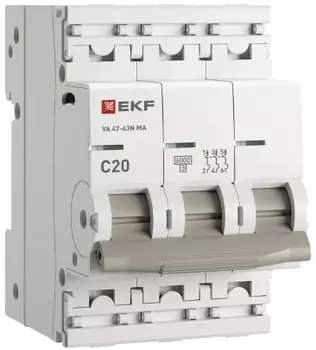Автоматический выключатель EKF M63MA6320C ВА 47-63N MA 3P 20А (C) 6кА без тепл. расцепит. PROXIMA