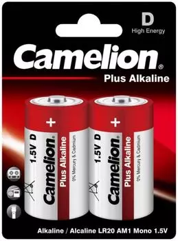 Батарейка Camelion LR20-BP2 Alkaline LR20, 1,5 В, 20000 мА.ч, 2 шт в упаковке