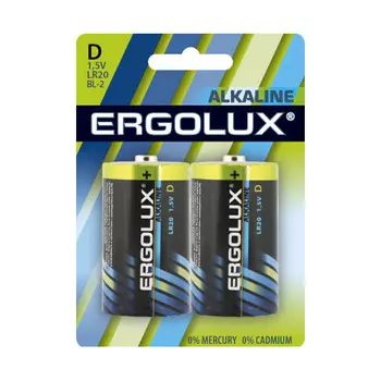 Батарейка Ergolux LR20 BL-2 Alkaline LR20, 1,5 В, 21000 мА.ч, 2 шт в упаковке