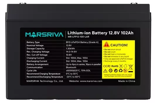 Батарея Marsriva MR-LFP12-100-LAR LiFePO4, 12.8В/102Ач, BYD, Класс A, 1.30кВт*ч, 6000 циклов