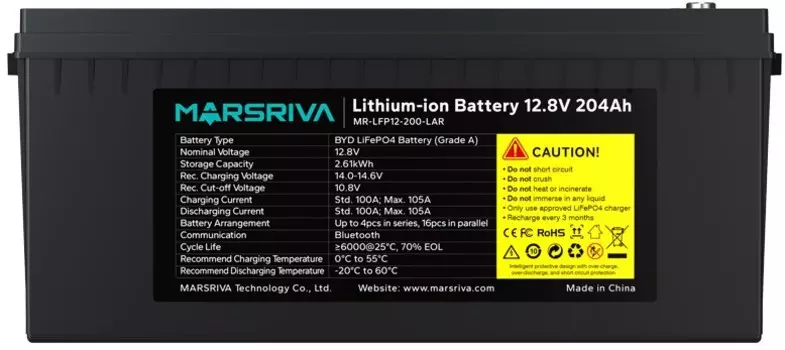 Батарея Marsriva MR-LFP12-200-LAR LiFePO4, 12.8В/204Ач, BYD, Класс A, 2.61кВт*ч, 6000 циклов