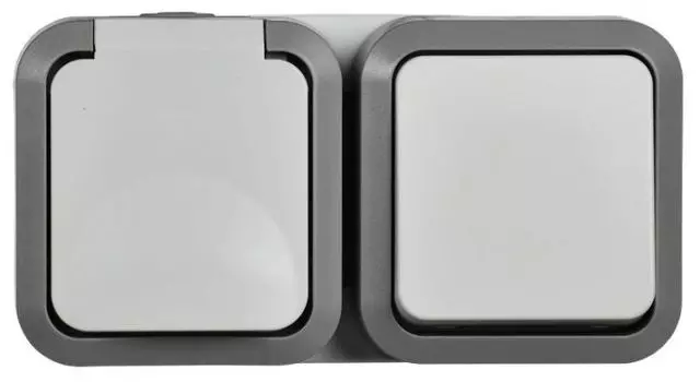 Блок IEK TS-G10-6-55-V-K41 TORS розетка с заземлением + выключатель одноклавишный гор. 16А IP55 TS242, серо-белый