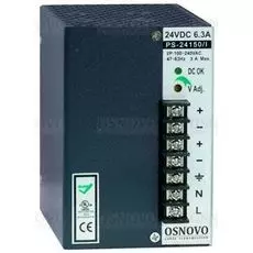 Блок питания OSNOVO PS-24150/I промышленный. DC24V, 6,3A (150W). Диапазон входных напряжений: AC100-240V. КПД: 82%. Регулировка выходного напряжения в