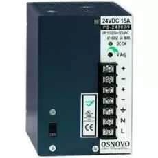 Блок питания OSNOVO PS-24360/I промышленный. DC24V, 15A (360W). Диапазон входных напряжений: AC115, 230V. КПД: 82%. Регулировка выходного напряжения в