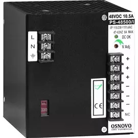 Блок питания OSNOVO PS-48500/I промышленный. DC48V, 10,5A (500W). Диапазон входных напряжений: AC195-265V. КПД: 85%